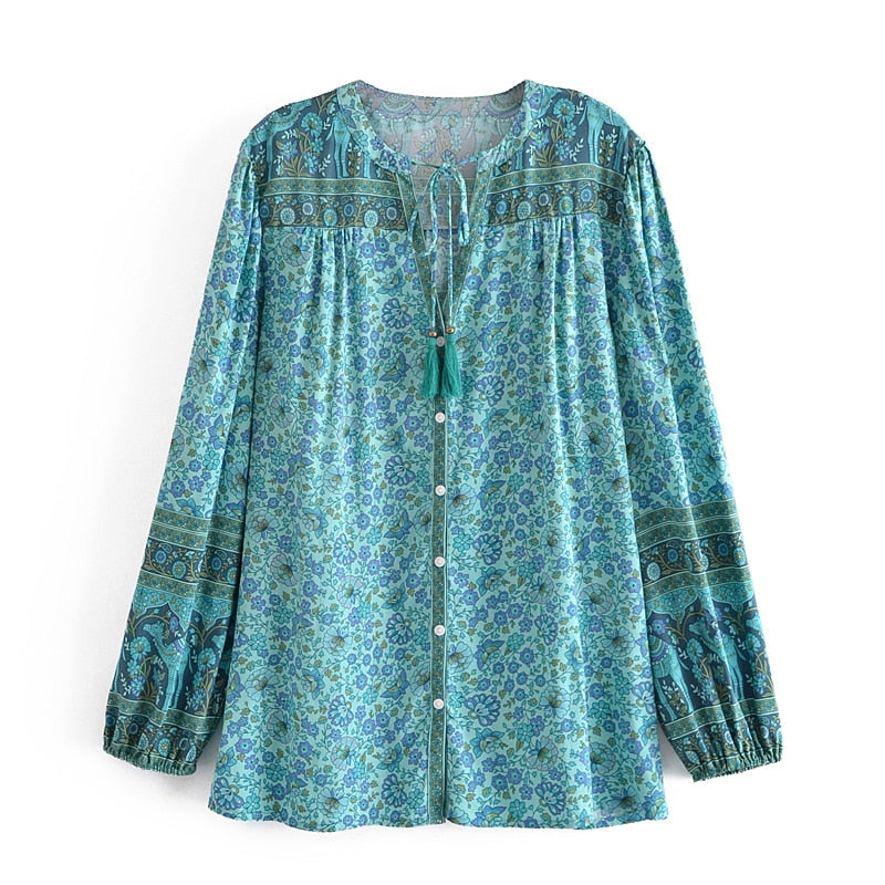 Boho Vintage Green Floral Tassel Blouse