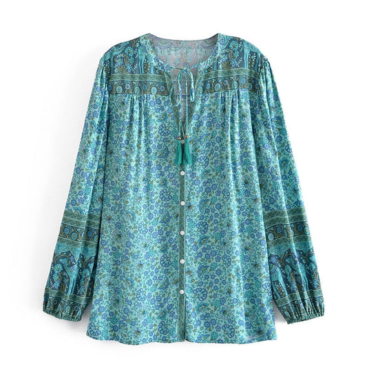 Boho Vintage Green Floral Tassel Blouse
