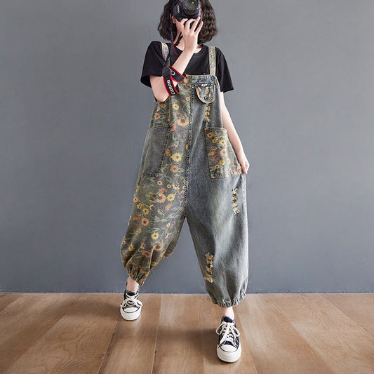 Floral Denim Casual Loose Plus Size Baggy Pants