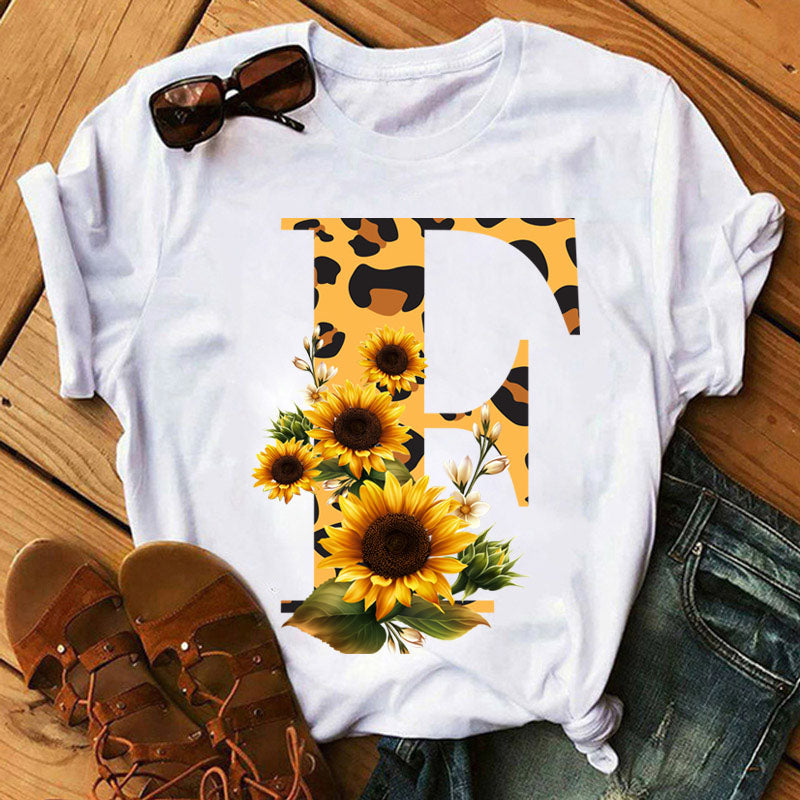 Leopard Sunflower Letter Print T- Shirt