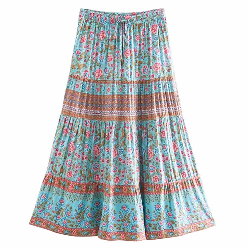 Bohemian Water Floral Cotton Elastic Waist Long Skirt