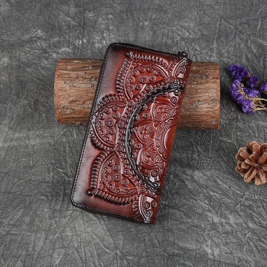 Nature Cow Leather Handmade Floral Phone Purse Card Holder