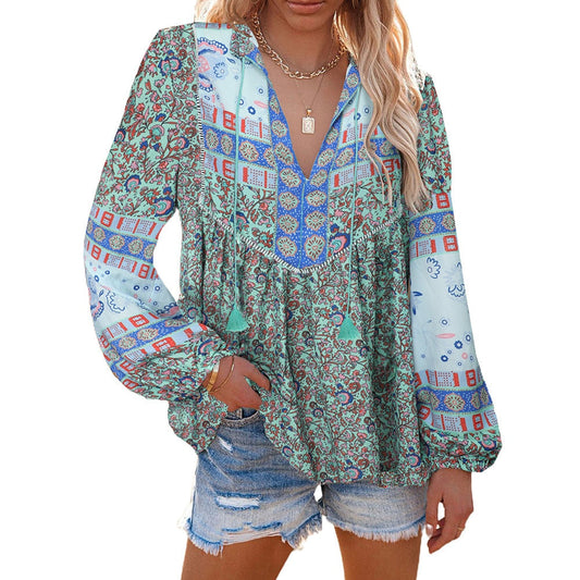 Bohemian V-neck Lantern Sleeve Chiffon Tassel Blouse