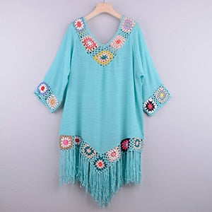 White Hollow Bathing Suit Cover Up With Fringe Trim