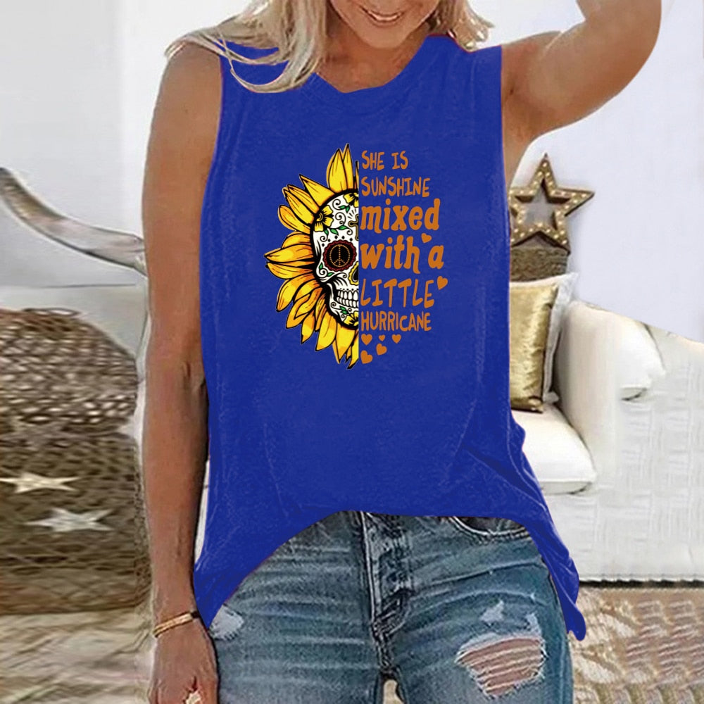 She Is Sunshine Sunflower Skull Funny Graphic Sleeveless Tshirt