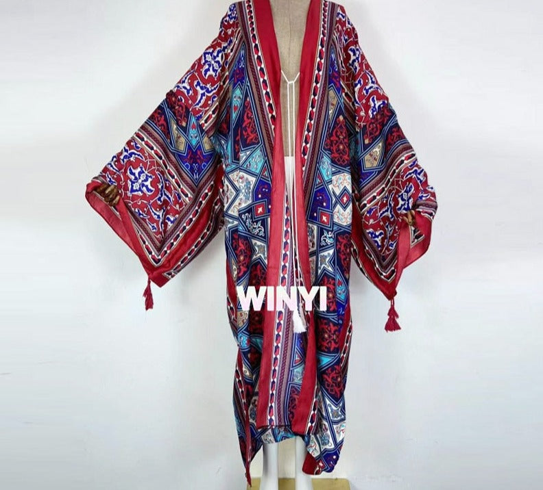 Boho Cotton Self Belted Tunic Kimono Wrap Dress