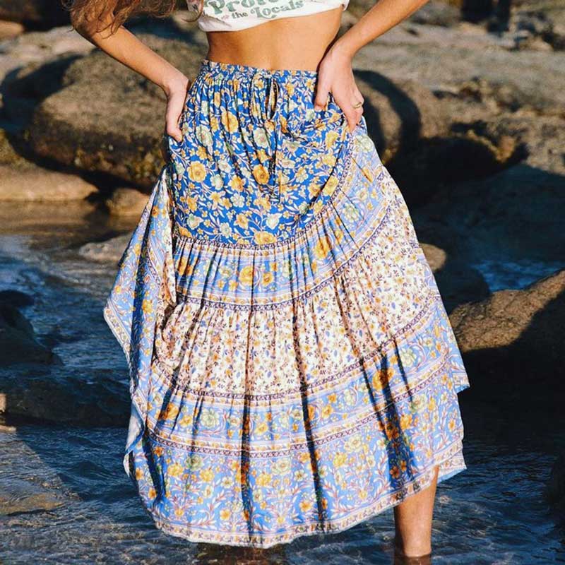 Boho A-Line Elastic Waist Long Skirt