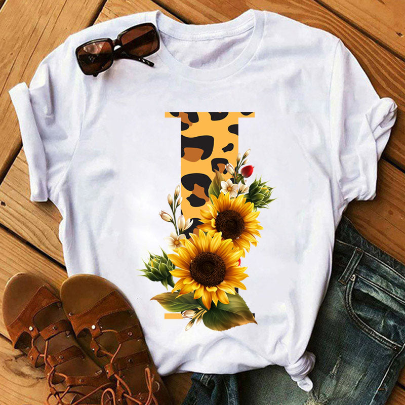 Leopard Sunflower Letter Print T- Shirt