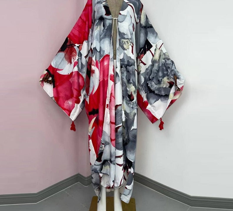 Boho Cotton Self Belted Tunic Kimono Wrap Dress
