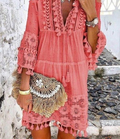 Boho Solid Hollow Out Lace Tassel Long Dress