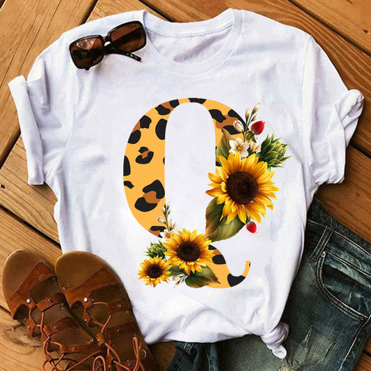Leopard Sunflower Letter Print T- Shirt