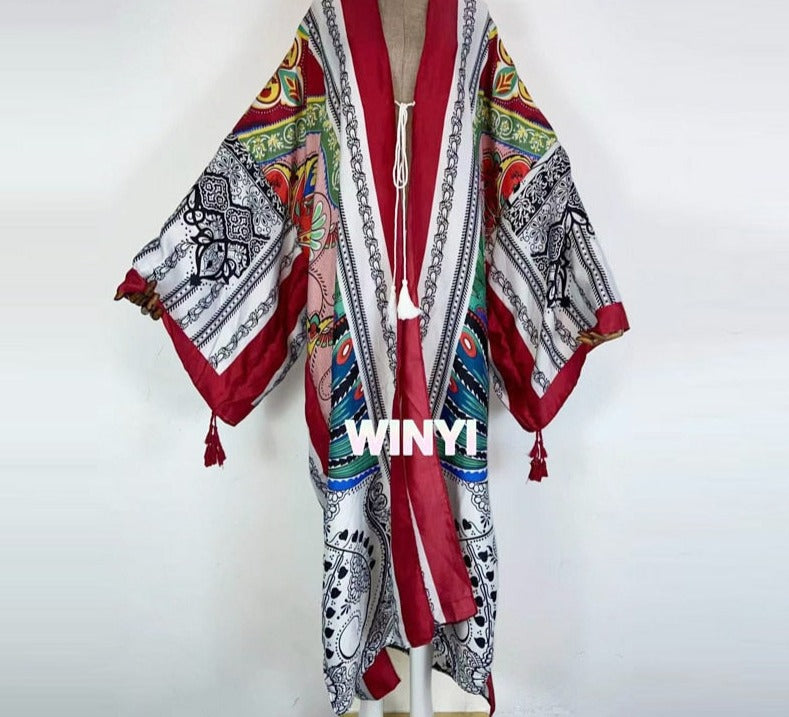 Boho Cotton Self Belted Tunic Kimono Wrap Dress
