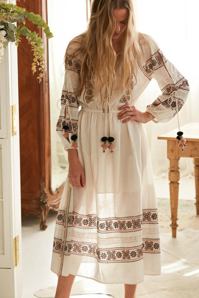 Vintage White Cotton Floral Embroidered Tunic Lace Maxi Dress