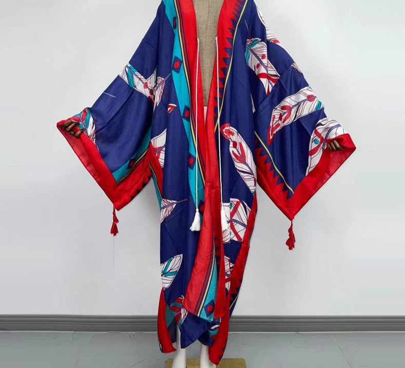 Boho Cotton Self Belted Tunic Kimono Wrap Dress