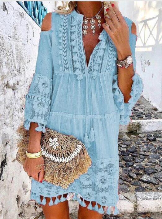 Boho Solid Hollow Out Lace Tassel Long Dress