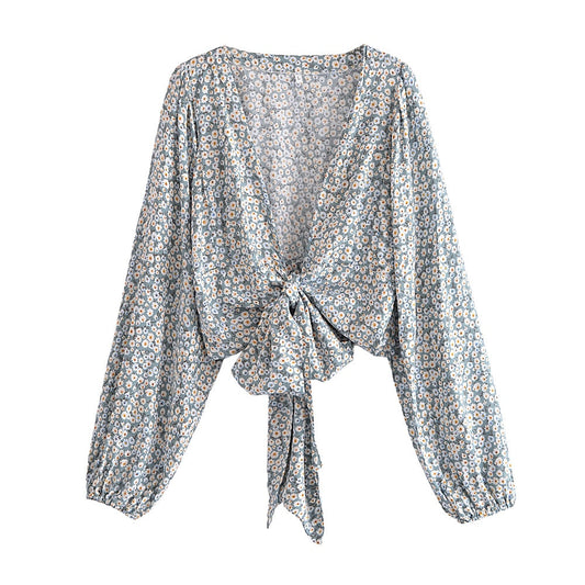 Boho Floral Ladies Bow Beach Robe Cover-up Crop Top