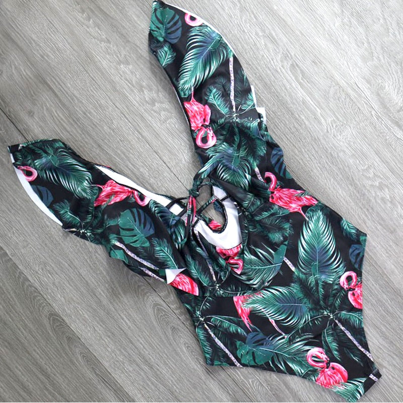 Sexy Siamese Off Shoulder Floral Print Beach Bikini Set