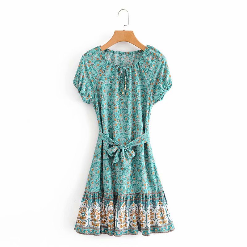 Boho Floral V-neck Casual Short Sleeve Sashes Mini Dress