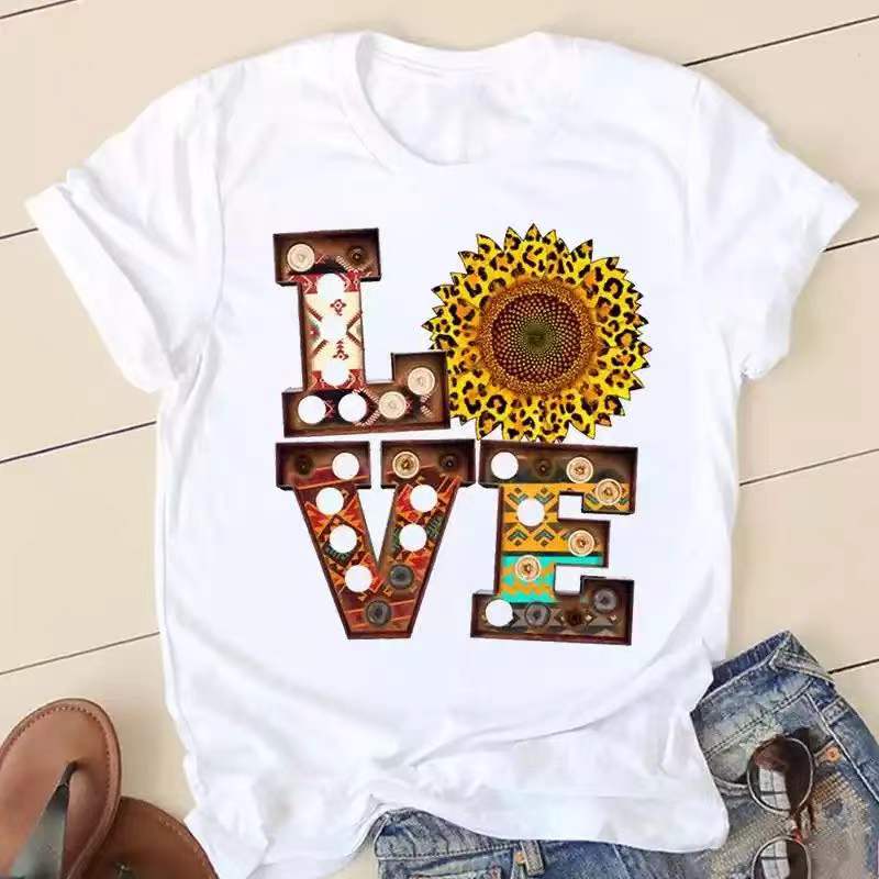 Short Sleeve Love Cartoon Print O-neck T-shirt - size small