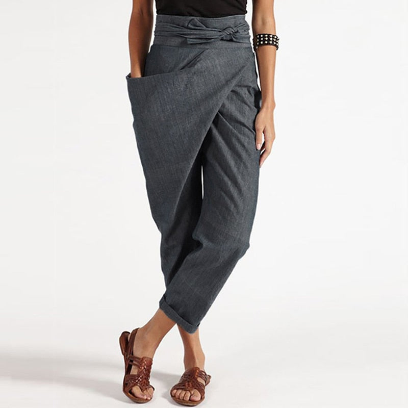 Solid Color Irregular Lacing Loose Cropped Trousers