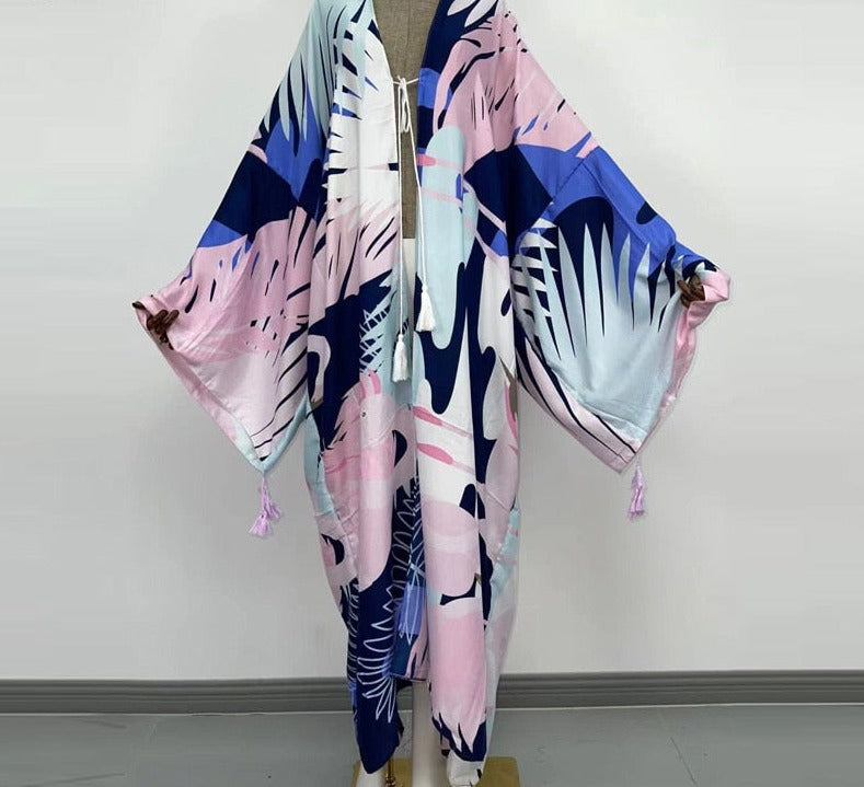 Boho Cotton Self Belted Tunic Kimono Wrap Dress