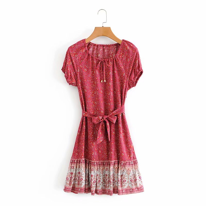 Boho Floral V-neck Casual Short Sleeve Sashes Mini Dress