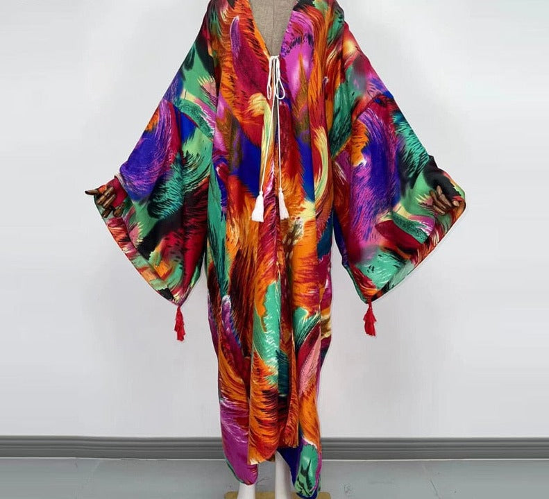 Boho Cotton Self Belted Tunic Kimono Wrap Dress