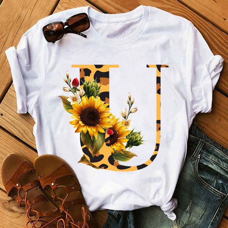 Leopard Sunflower Letter Print T- Shirt