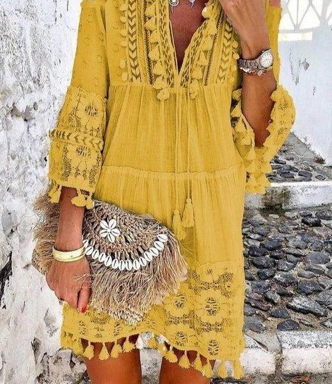 Boho Solid Hollow Out Lace Tassel Long Dress