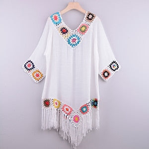 White Hollow Bathing Suit Cover Up With Fringe Trim