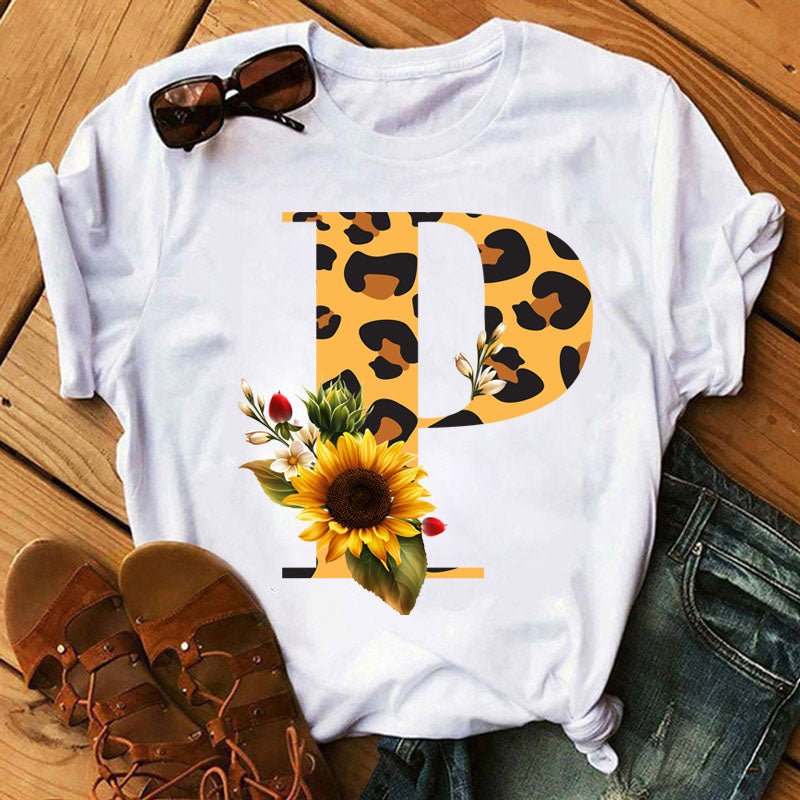 Leopard Sunflower Letter Print T- Shirt