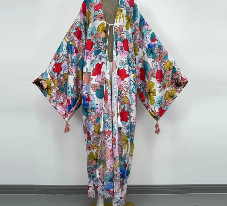 Boho Cotton Self Belted Tunic Kimono Wrap Dress
