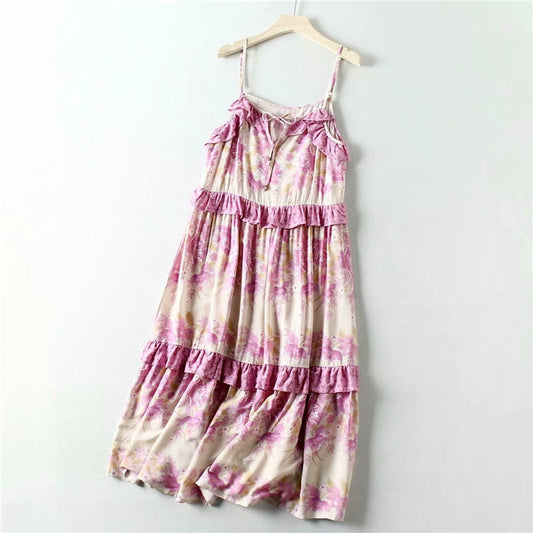 Summer Vintage Floral Tassel Midi Strap Drawstring Beach Dress