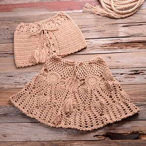 Sexy Solid Color Off Shoulder Crochet High Waist Bikini Set
