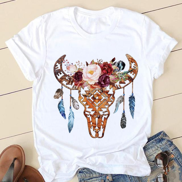 Short Sleeve Love Cartoon Print O-neck T-shirt - size small
