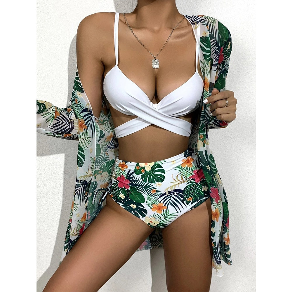 Women Printed High Waist Sexy Bikini And Cover Set - Small