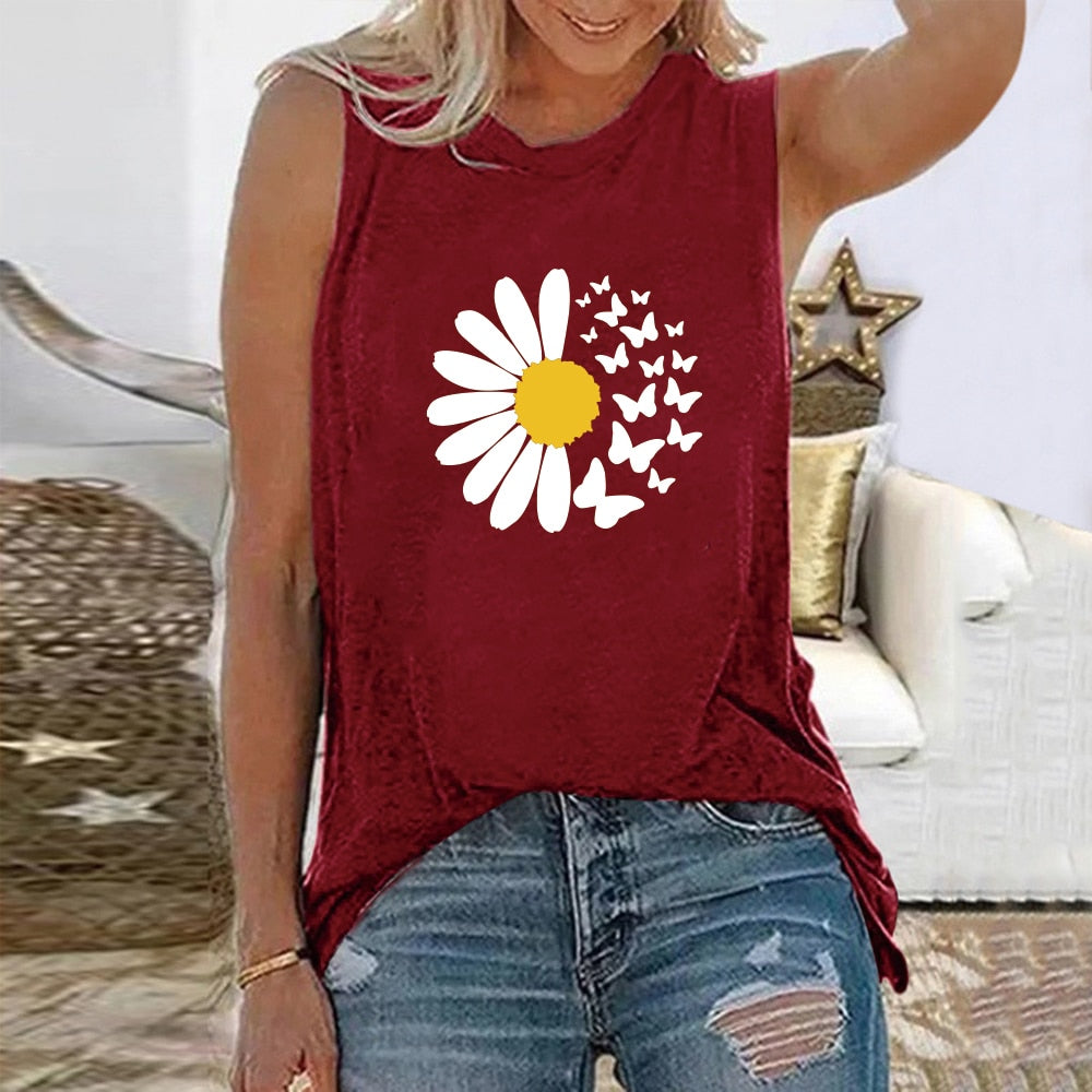 Vintage Flowers Daisy Print Harajuku Sleeveless Tshirt