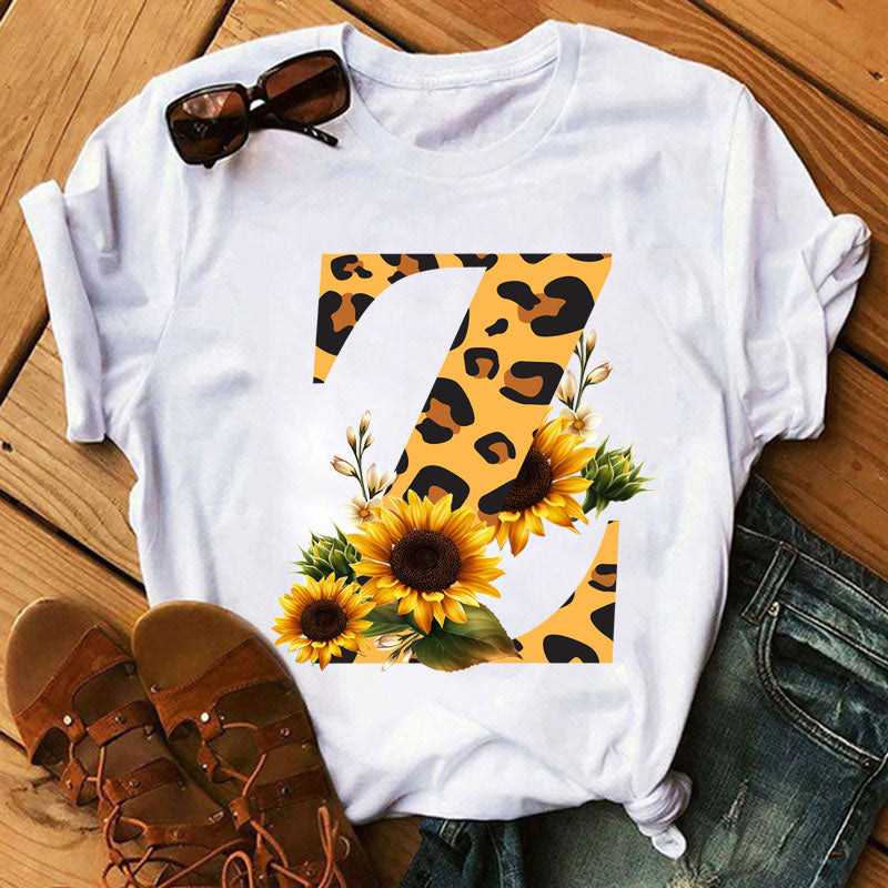 Leopard Sunflower Letter Print T- Shirt
