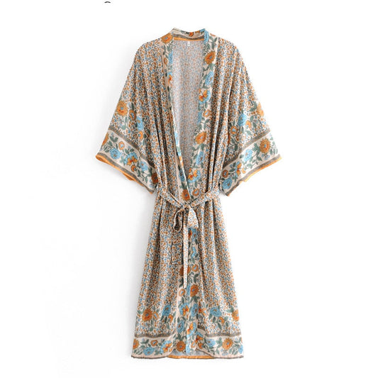 Vintage Floral Print Chic Sashes Kimono Rayon Maxi Robe Cover-up