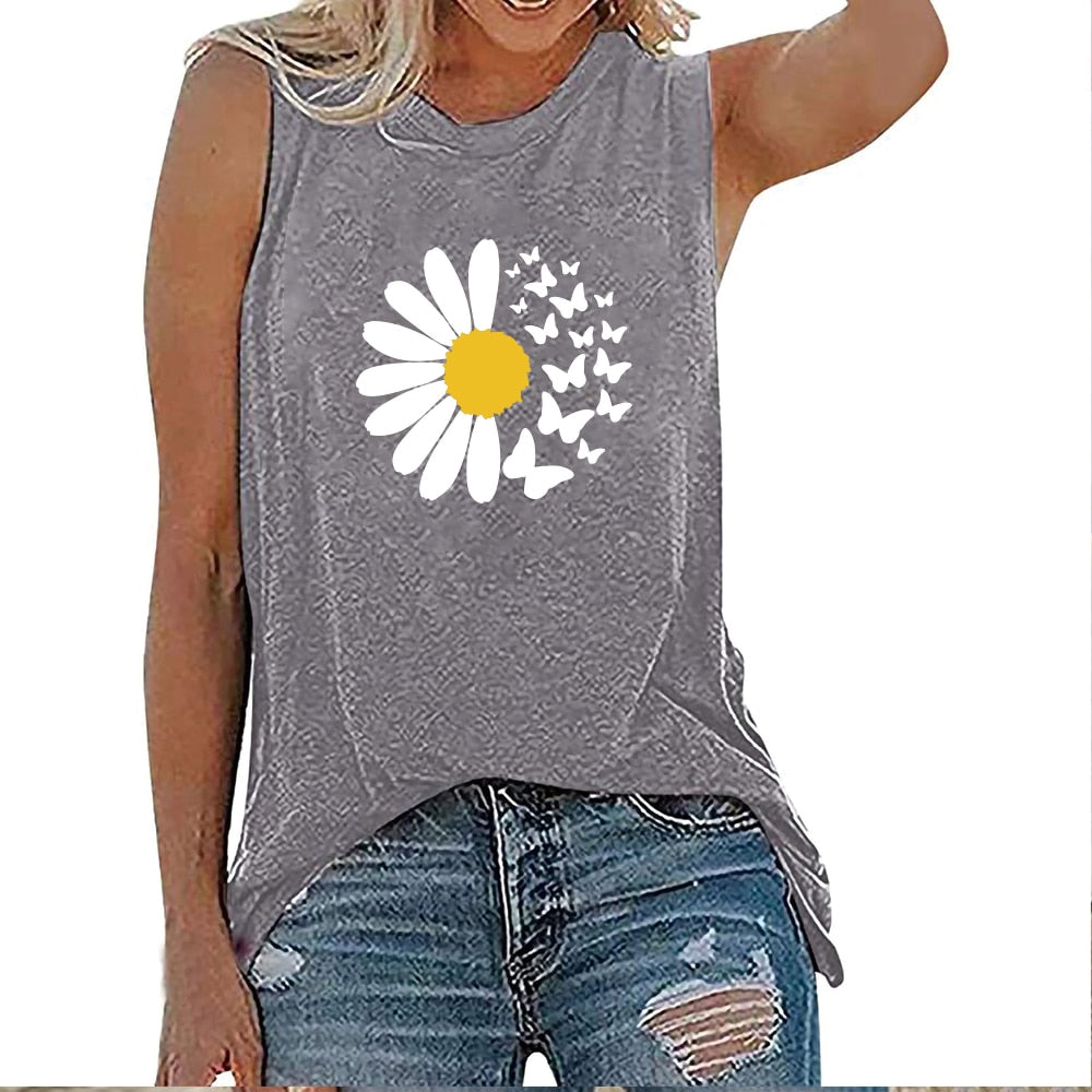 Vintage Flowers Daisy Print Harajuku Sleeveless Tshirt
