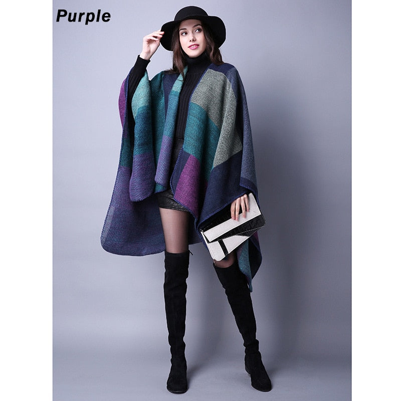 Women Plaid Thick Imitation Poncho Cashmere Cape