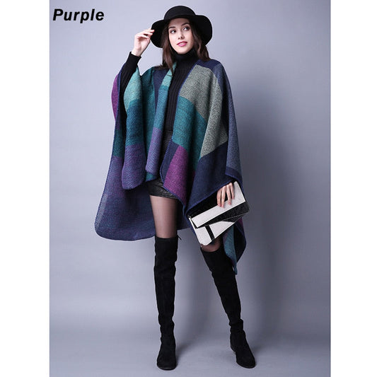 Women Plaid Thick Imitation Poncho Cashmere Cape