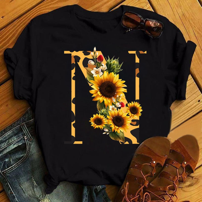 Leopard Sunflower Letter Print T- Shirt