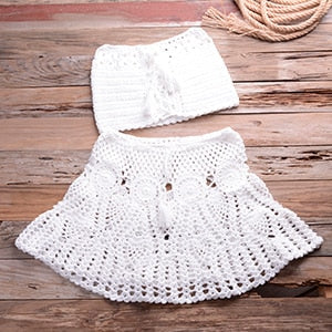 Sexy Solid Color Off Shoulder Crochet High Waist Bikini Set