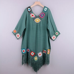 White Hollow Bathing Suit Cover Up With Fringe Trim