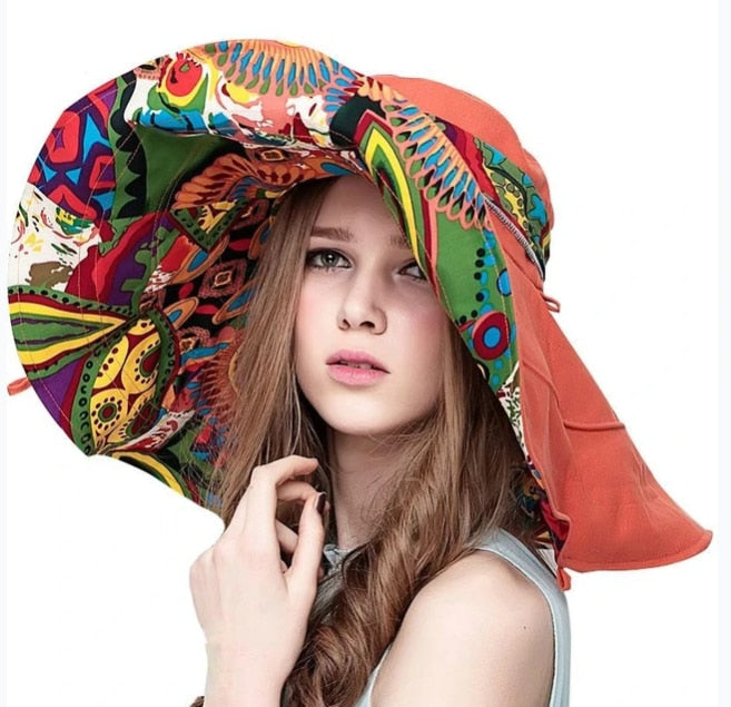Summer Flower Design Foldable Brimmed Sun Protection Hat