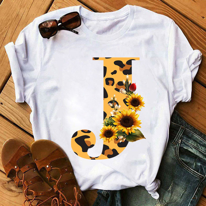 Leopard Sunflower Letter Print T- Shirt