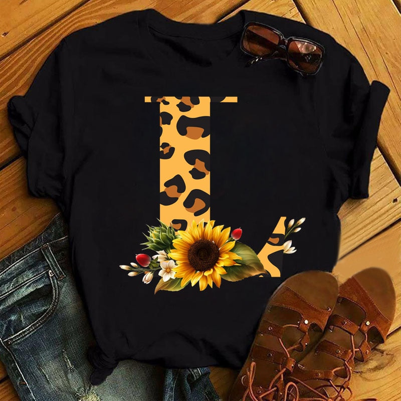 Leopard Sunflower Letter Print T- Shirt