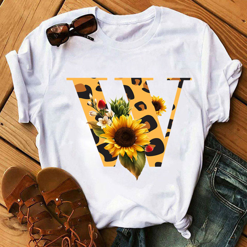 Leopard Sunflower Letter Print T- Shirt