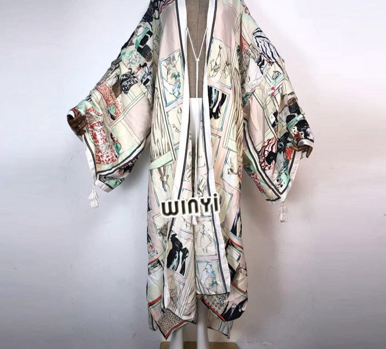 Boho Cotton Self Belted Tunic Kimono Wrap Dress